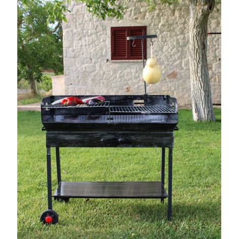 BARBECUE A LEGNA CON GRIGLIA E ACCESSORIO CACIOCAVALLO PESANTE ARTIGIANALE 90×45