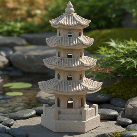 – Statue de jardin pagode solaire en résine – Décoration zen pour balcon, patio, cour – Éclairage LED automatique – 29 x 11,9 x 11,9 cm, kaki (1/5)