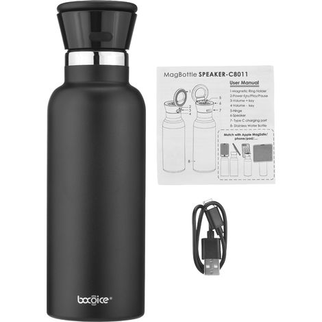 Borraccia da 550 ml con altoparlante Bluetooth ricaricabile magneticamente, in acciaio inossidabile, ideale per sport, palestra, ufficio, viaggi e attività all'aperto, impermeabile IP65, colore nero. (1/5)