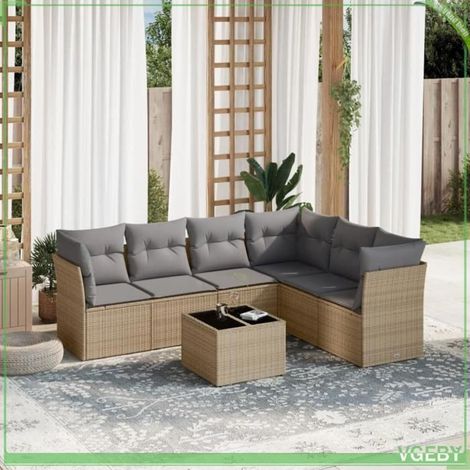 Salon de jardin - Ensemble 7 pcs - Beige résine tressée - Coussins déhoussables - Modulable 6 places (1/5)