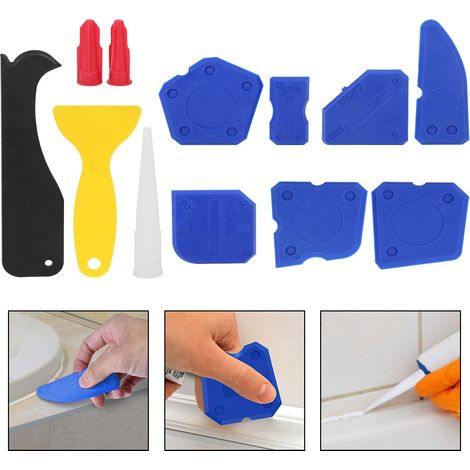 Kit de 12 outils pour mastic plastique, comprenant une spatule, un grattoir et un outil de finition pour colle à verre et silicone, idéal pour le moulage et le jointoiement. (1/5)