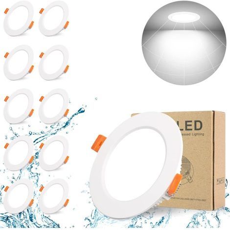 10 Pack Extra Flat Recessed LED Spotlights for Bathroom, White, IP44, 5W 500LM (Equivalent to 50W Incandescent), Cool White 6000K, AC220-240V, Round Recessed Ceiling Spotlights for Kitchen, Bedroom, L (1/5)