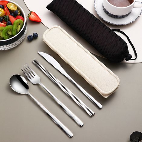 (Argent) Ensemble de couverts portables en acier inoxydable 304, comprenant un couteau, une fourchette, une cuillère et une boîte de rangement. (1/5)