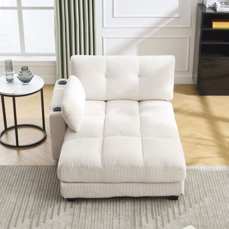 Fauteuil avec accoudoirs à porte-gobelets, coussins moelleux à rayures, repose-tête relevable, trois porte-gobelets et poche latérale, adapté au salon et à la chambre, beige (1/5)