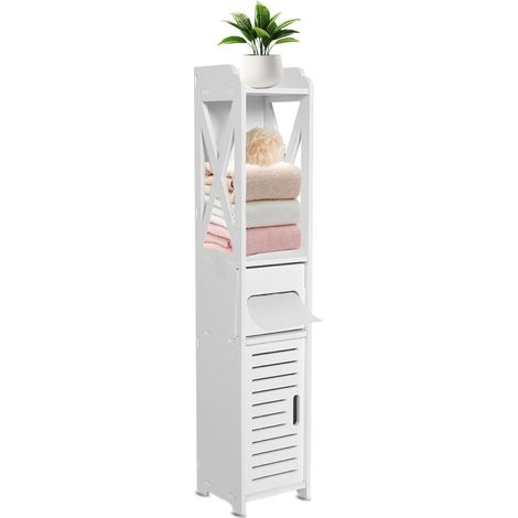 Armoire Haute de Salle de Bain avec Porte-Papier Toilette, Compartiment Ouvert, tiroir, Portes, Meuble de Rangement (1/5)