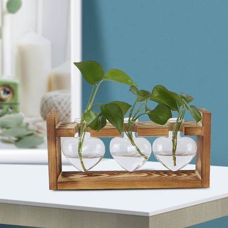 Vase de Table Vintage en Bois avec 3 Bouteilles en Forme de Cœur - Décoration Maison