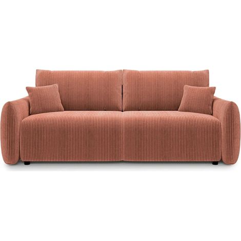 ELIO - Canapé droit convertible petit velours côtelé 3 places - Terracotta (1/5)
