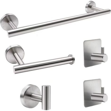 Lot de 5  de salle de bain  en acier inoxydable SUS304 : porte - serviettes 40,6 cm + support de papier toilette + 3 crochets（Argent） (1/5)