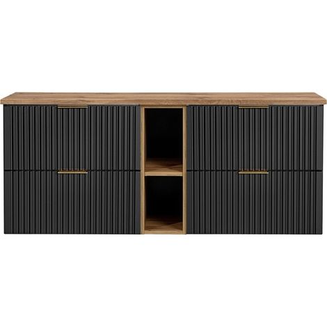 Insieme mobile sotto lavabo NOXERA 140 cm – Nero opaco e rovere – 2 mobili + 2 nicchie + piano per lavabi