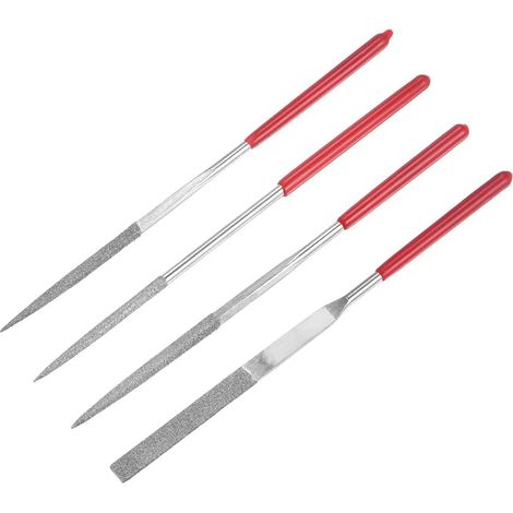 Juego de 4 mini limas de diamante de grano 120, limas metálicas pequeñas redondas, planas, triangulares y cuadradas, herramientas manuales para vidrio, madera y piedra. (1/5)