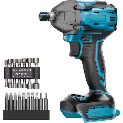 Schlagschrauber, 1/4-Zoll-Akku-Schlagschrauber-Bohrschrauber-Set, 420 Nm, 10 Bohrer, 14 Steckschlüsseleinsätze (ohne Akku), kompatibel mit Makita-Akku