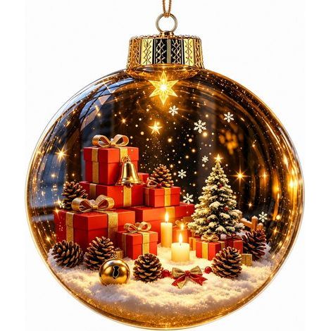 Boule à neige lumineuse en acrylique transparent, ornement de Noël 3D à suspendre au sapin, représentant le Père Noël et son traîneau de rennes. (1/5)