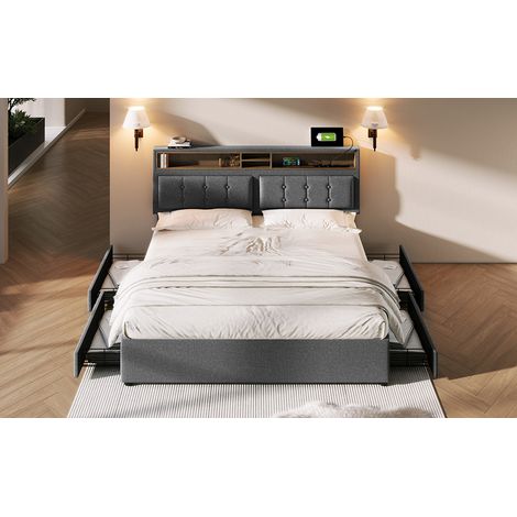 MEUBLIV Polsterbett 140x200 cm Leinen Grau mit Schubladen, ohne Matratze (1/5)