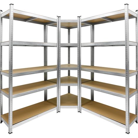 ECD Germany Regalsystem 3er Set, 2 Lagerregale 180x90x40 cm mit Eckregal 180x70x40 cm, verzinkt Metallregale 15 Böden aus MDF Holz, belastbar bis 750kg/Regal, Schwerlastregal Steckregal Kellerregal