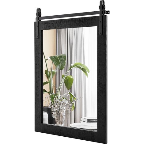Specchio a parete farmhouse 76,5x56cm, Specchio a muro rettangolare con cornice in legno staffa in metallo Nero (1/4)