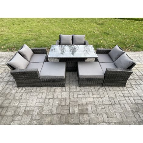 Fimous 8 Places Ensemble de meubles de jardin en rotin Table à manger réglable en hauteur ave 2 Grand Tabouret Canapé deux places Gris foncé (1/5)