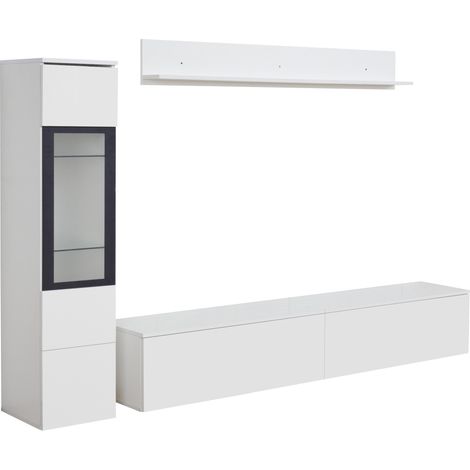 3-teilige TV-Wand mit LED, weiße Hochglanz-TV-Kommode, Vitrine und Hängeregal MODENUIT (1/5)