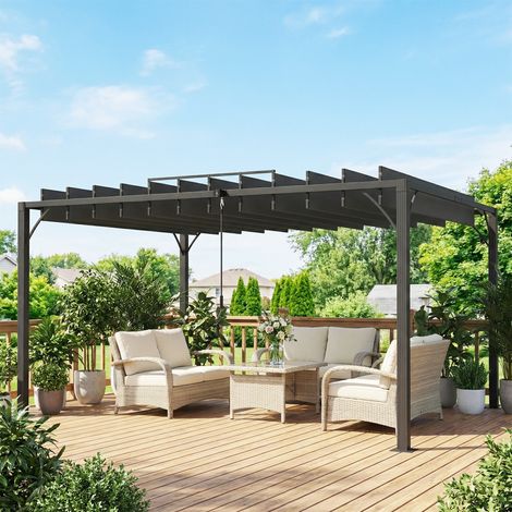 Pérgola de Jardín 3x4 m con Protección UPF 50+ Gazebo con Techo Ajustable Estructura de Aluminio para Exterior Gris