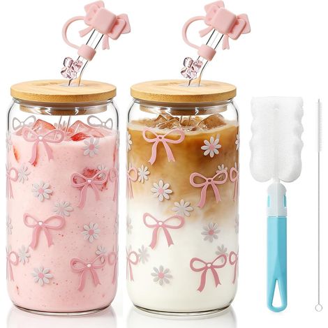 Lot de 2 Verres à Bubble Tea 500ml - Verre Borosilicaté Rose avec Couvercle et Paille - Tasse Matcha pour Café Glacé et Smoothie (1/5)