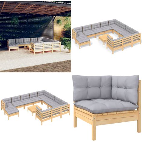 12-tlg. Garten-Lounge-Set mit Grauen Kissen Kiefernholz - Garten-Lounge-Set - Garten-Lounge-Sets - Home & Living (1/5)