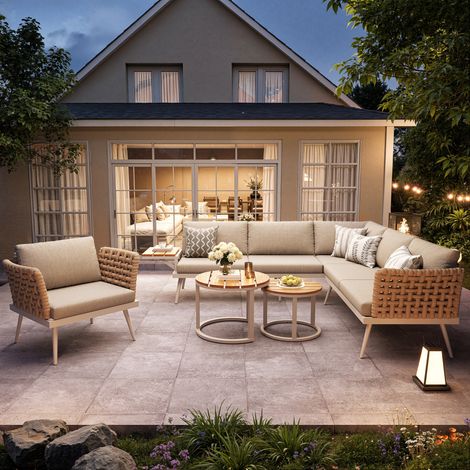 Set divani da giardino angolare 6 posti con 2 tavolini WPC, poltrona e cuscini beige (1/5)