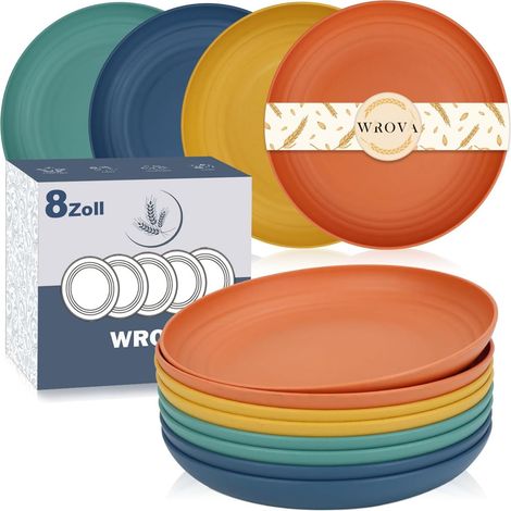 Lot d'assiettes en plastique réutilisables pour 8 personnes - 19,5 cm - Pour lave-vaisselle et micro-ondes, assiettes de camping, assiettes à petit-déjeuner, assiettes à gâteau - Multicolore (1/5)
