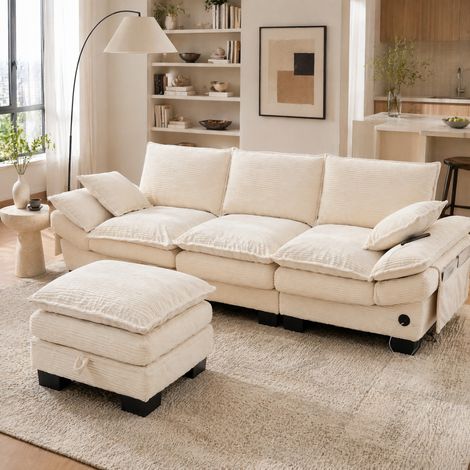 sofá 3 plazas modular con puf USB-C Corduroy beige OKMYHOME (1/5)