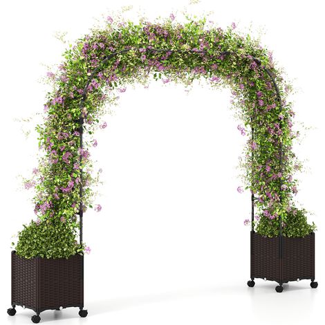 Arche de Jardin 288 CM avec 2 Boîtes de Plantation pour Plantes Grimpantes avec Arrosage Automatique, Trou de Drainage et Roues Verrouillables
