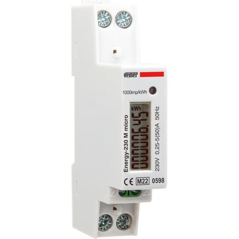 Contatore Energia Elettrica Monofase da Barra DIN Misuratore Consumo Elettrico MID Corrente Massima Misurabile 50A Vemer VE798900 Energy M50 Micro