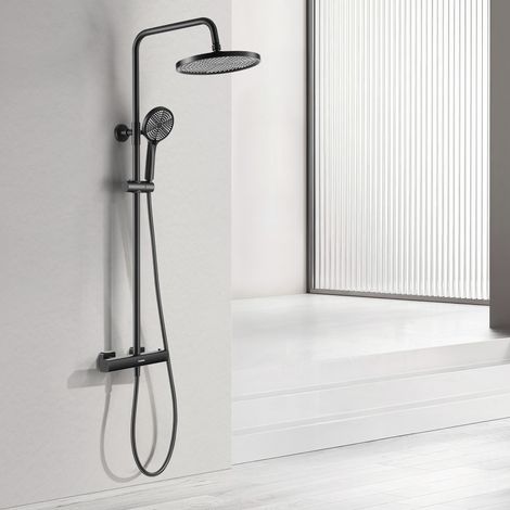 Colonne de Douche Thermostatique Ensemble, douchette à main avec 3 modes de jet, hauteur réglable et protection anti-brûlure, noir, KeeGone Pro (1/5)