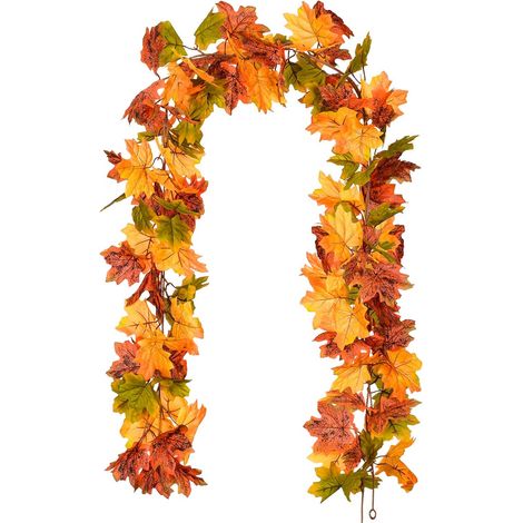 Guirlande de feuilles d'érable d'automne (lot de 2), 1,8 m/pièce, guirlande artificielle verte à suspendre, décoration pour la maison, les mariages et la cheminée (idéale pour Thanksgiving). (1/5)