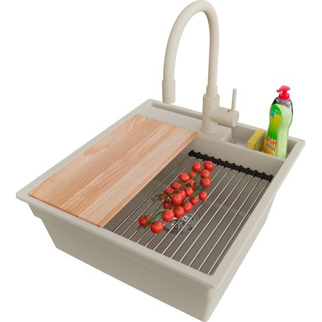 PRIMAGRAN Evier Cuisine en Granit 48x53cm,Lavabo 1 bac + Robinet 38x14cm + Kit de Vidage + Accessoires, Évier à Encastrer au meuble 50cm - Oslo Pocket, Beige (1/5)
