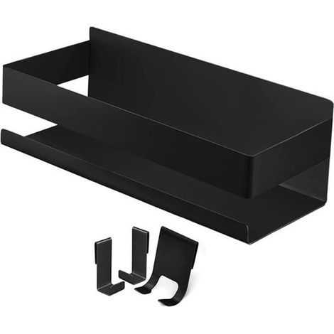 Estante organizador de baño, organizador de ducha de pared sin necesidad de taladrar para artículos de aseo con gancho, color negro. (1/3)