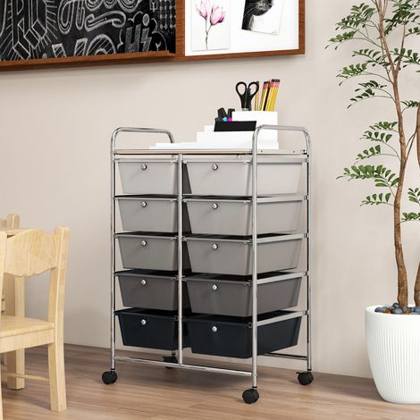 Tour de Rangement à Roulettes- 10 Tiroirs Amovibles 65,5 x 37 x 87 CM Format A4 et et Lettre Gris+Noir Cadre Gris Argenté CW1223 Maison Chic (1/3)