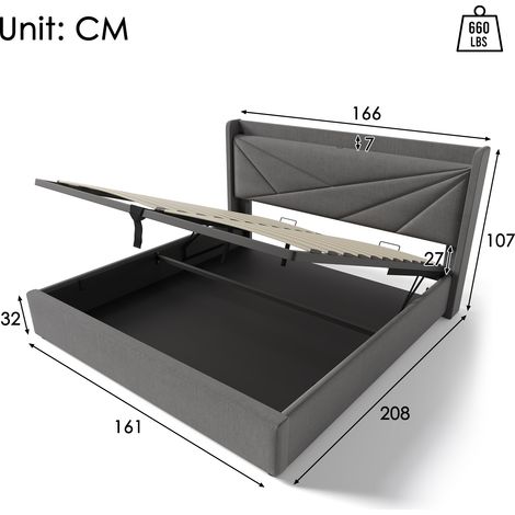 Lit rembourré Lit double Box de rangement avec fonction de recharge USB Type C Tête de lit, lits de rangement Cadre de lit en lit Lit pour jeunes 160x200 avec base à lattes (sans matelas) (1/5)