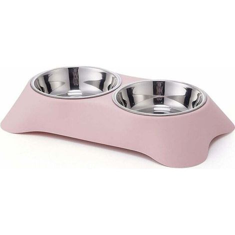 Comedero doble para perros y gatos de acero inoxidable antideslizante y a prueba de derrames, tamaño S, rosa - KZQ