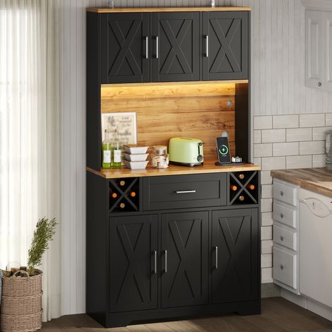 Meuble de cuisine, armoire de rangement haute avec éclairage LED, meuble garde-manger avec casiers à vin, cave à vin et vitrine pour salon et salle à manger, 180 × 105 × 40 cm (1/5)