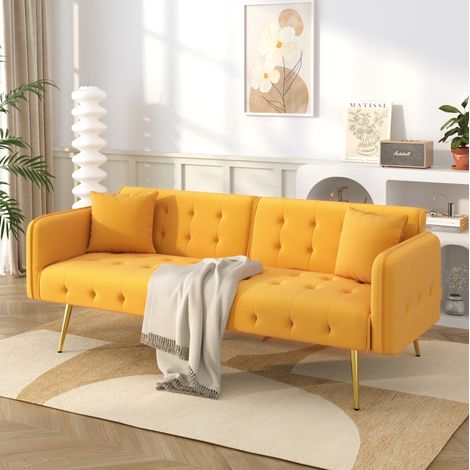 Divano letto a 2 posti 178x82x70 cm, funzione 2 in 1, schienale regolabile, braccioli multistadio, velluto, giallo (1/5)