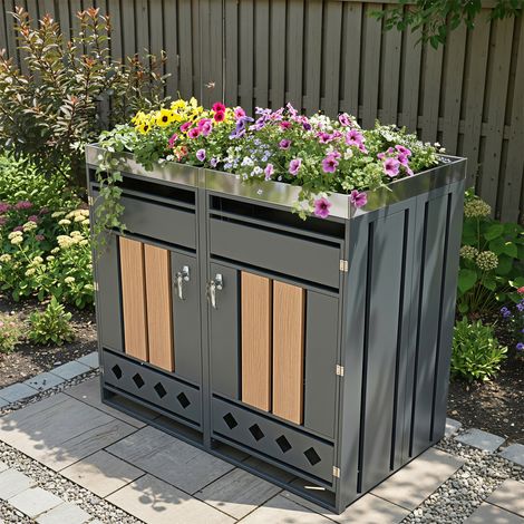 Mülltonnenbox für 2 Tonnen 132x80x124.5cm mit Pflanzdach abschließbar aus verzinktem Stahl moderner Stil Grau und Holzoptik