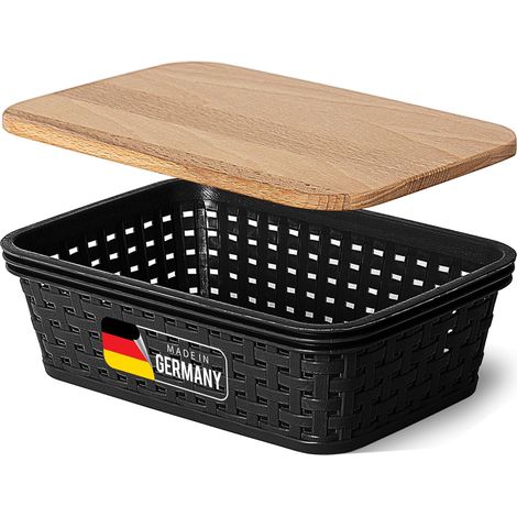Boîte de rangement Novaliv avec couvercle en bois Mini panier 1L Noir en rotin Panier de rangement alimentaire Boîte empilable Boîte en plastique