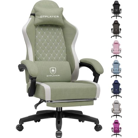 Chaise Gaming Ergonomique, Chaise de Bureau en Tissu Respirant, Grande et Haute, pivotante, avec Repose-Pieds, Soutien Lombaire réglable et appuie-tête, Vert (1/5)