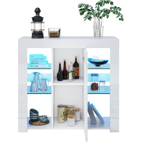 SONNI LED Sideboards Aufbewahrungsschrank mit 1 Tür, offenes Fach, verstellbare gehärtetes Glas Küchenschrank, 90x35x83cm, Weiß (1/5)
