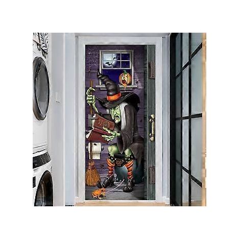Stickers de porte 3D sorcières pour Halloween, 76 x 200 cm, papier peint adhésif réaliste pour décoration de porte, idéal pour Halloween et les fêtes à la maison. (1/5)
