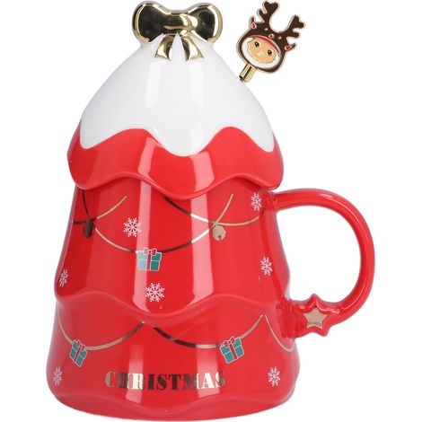 Grande tasse de Noël en céramique de 500 ml avec couvercle et cuillère, idéale pour le thé, le lait ou le café. Cadeau idéal pour la maison ou les fêtes de fin d'année. Rouge. (1/5)