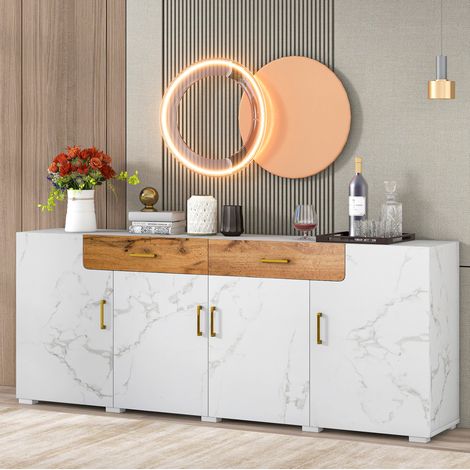 FLORAGRACE Buffet de rangement blanc marbré 4 portes 2 tiroirs, meuble bas de cuisine et salon 208 x 39,5 x 80 cm, en panneau de particules et MDF, 3 colis (1/5)