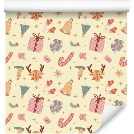 Papier peint de Noël crème et corail pour salon et chambre 50x1000 cm (1/5)