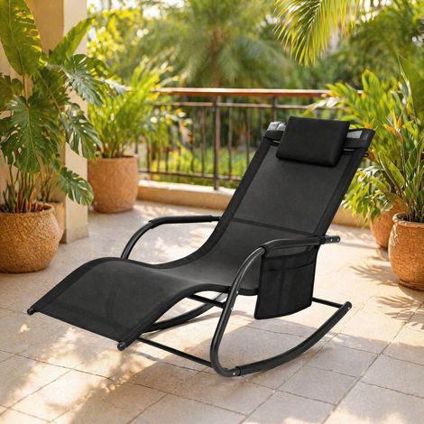 Chaise longue balancelle d’extérieur avec poche latérale, métal, polyester, noire (1/5)