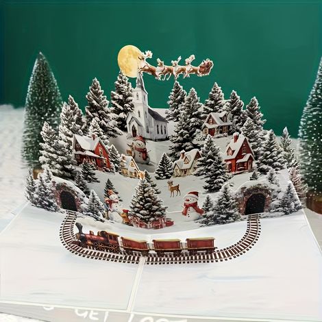 Carte de Noël pop-up 3D - Père Noël, renne, village enneigé et scène de ciel lunaire Vœux festifs pour les amis et la famille Illustration détaill (1/5)