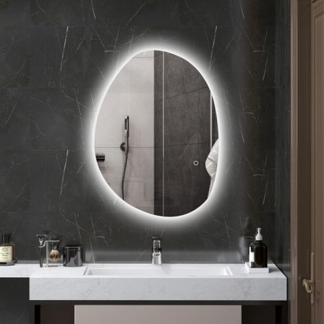 Miroir de salle de bain asymétrique 70 x 50 cm à éclairage LED, commande tactile intelligente et fonction anti-buée, miroir lumineux design moderne résistant à l'humidité pour décoration intérieure de