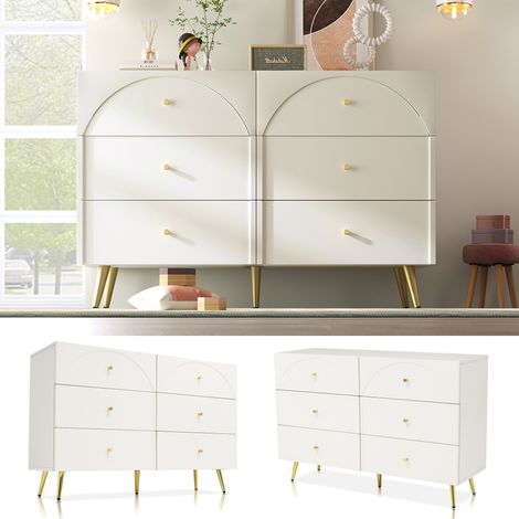 Commode crème blanc H85 x L120 x P40 cm avec 6 tiroirs à façade incurvée, meuble de rangement pour chambre et toutes pièces de la maison, pied réglable (1/5)